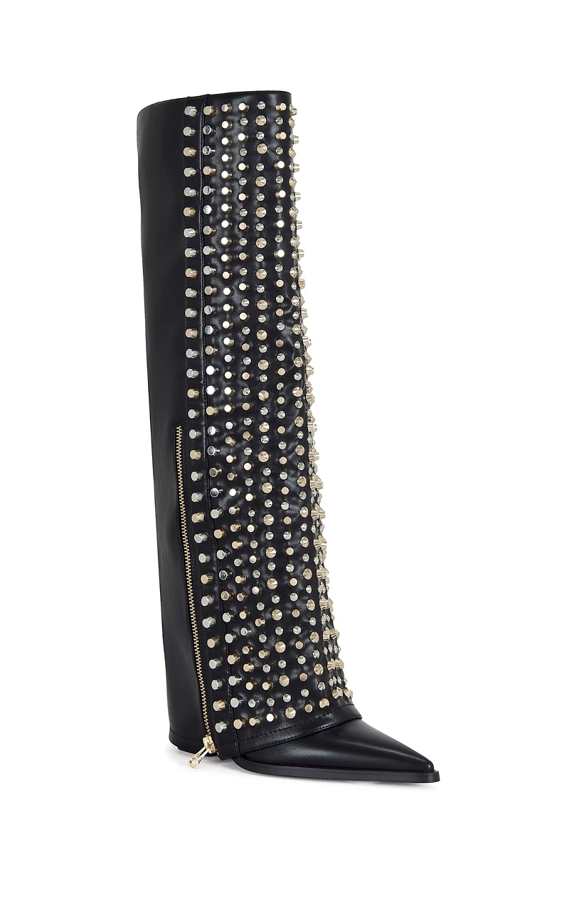 AZALEA WANG Women's Agustue Black Studded Faux Leather Western Boots