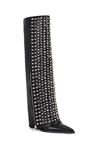 AZALEA WANG Women's Agustue Black Studded Faux Leather Western Boots