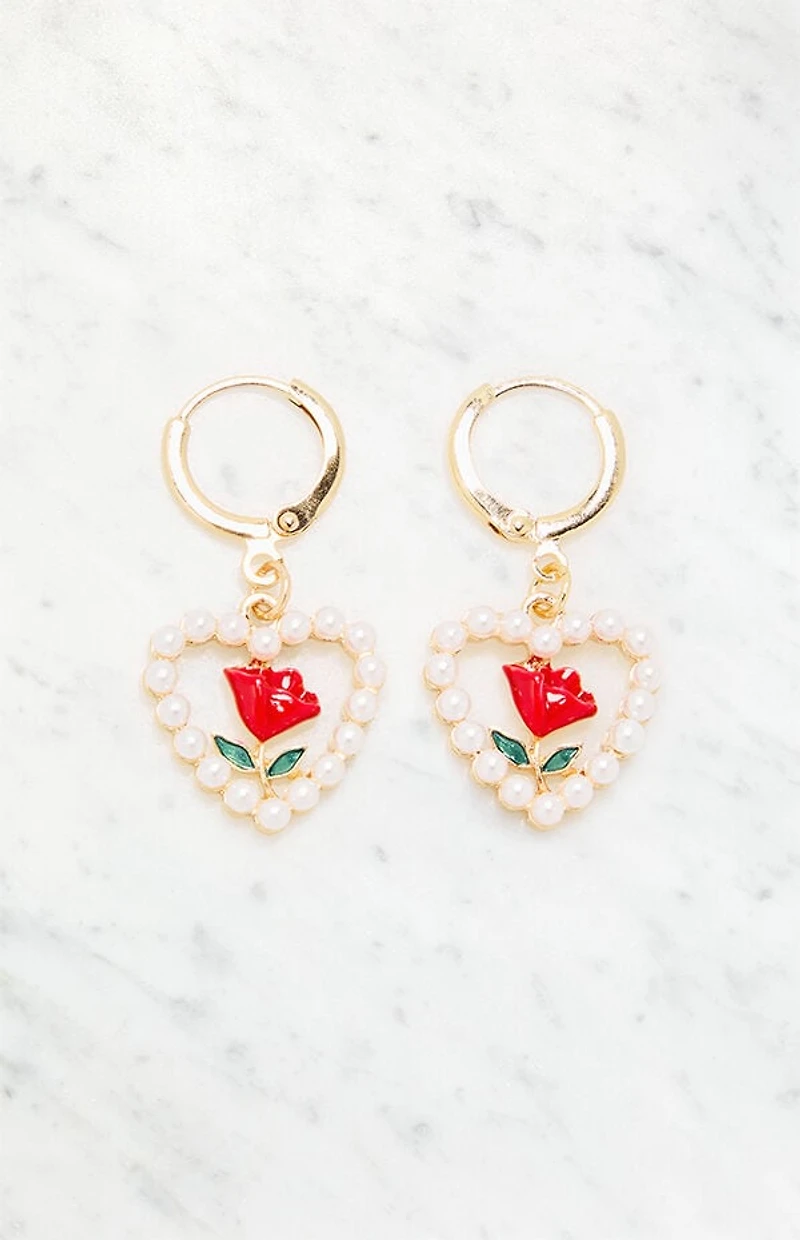 LA Hearts Pearl Heart Rose Hoop Earrings