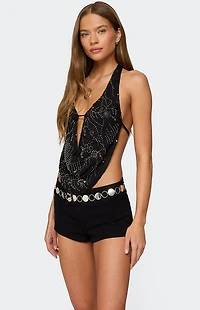 Edikted Beaded Chiffon Backless Cowl Neck Top