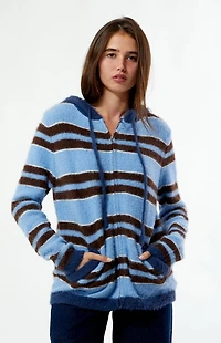 Daisy Street Striped Fluffy Knit Zip Up Hooded Sweater