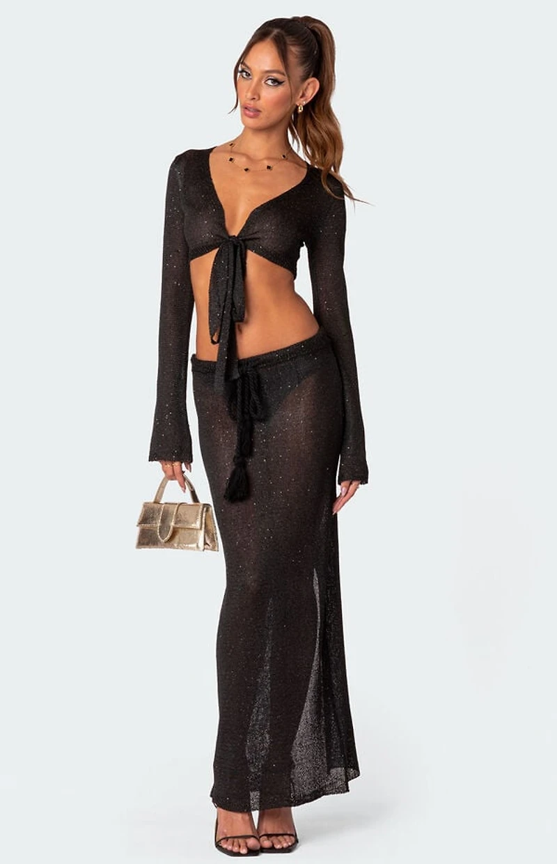 Edikted Micro Sequin Tie Front Knit Crop Top
