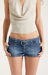 Pacsun Tatum Ultimate Low Rise Denim Micro Shorts Stretch Belt Dark Blue