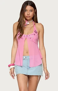 Edikted Sequin Chiffon Split Front Top