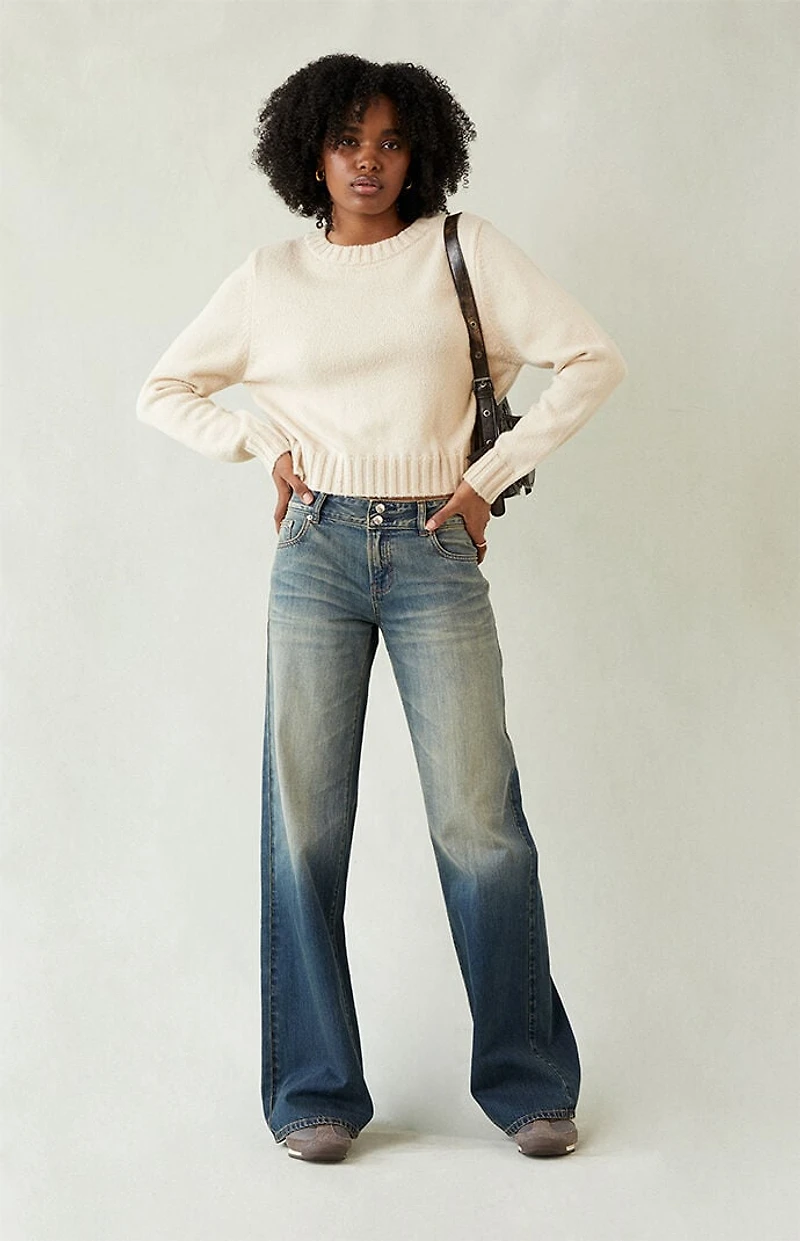 Pacsun Casey Low Rise Baggy Jeans Button Pocket Dark Blue Tinted