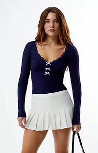 Est. PAC 1980 V-Neck Lace Bow Front Long Sleeve Top