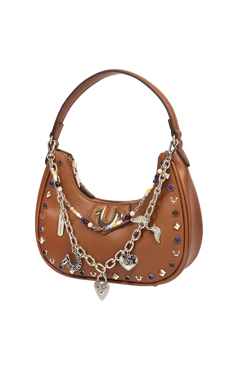 True Religion Chain & Studs Faux Leather Hobo Bag