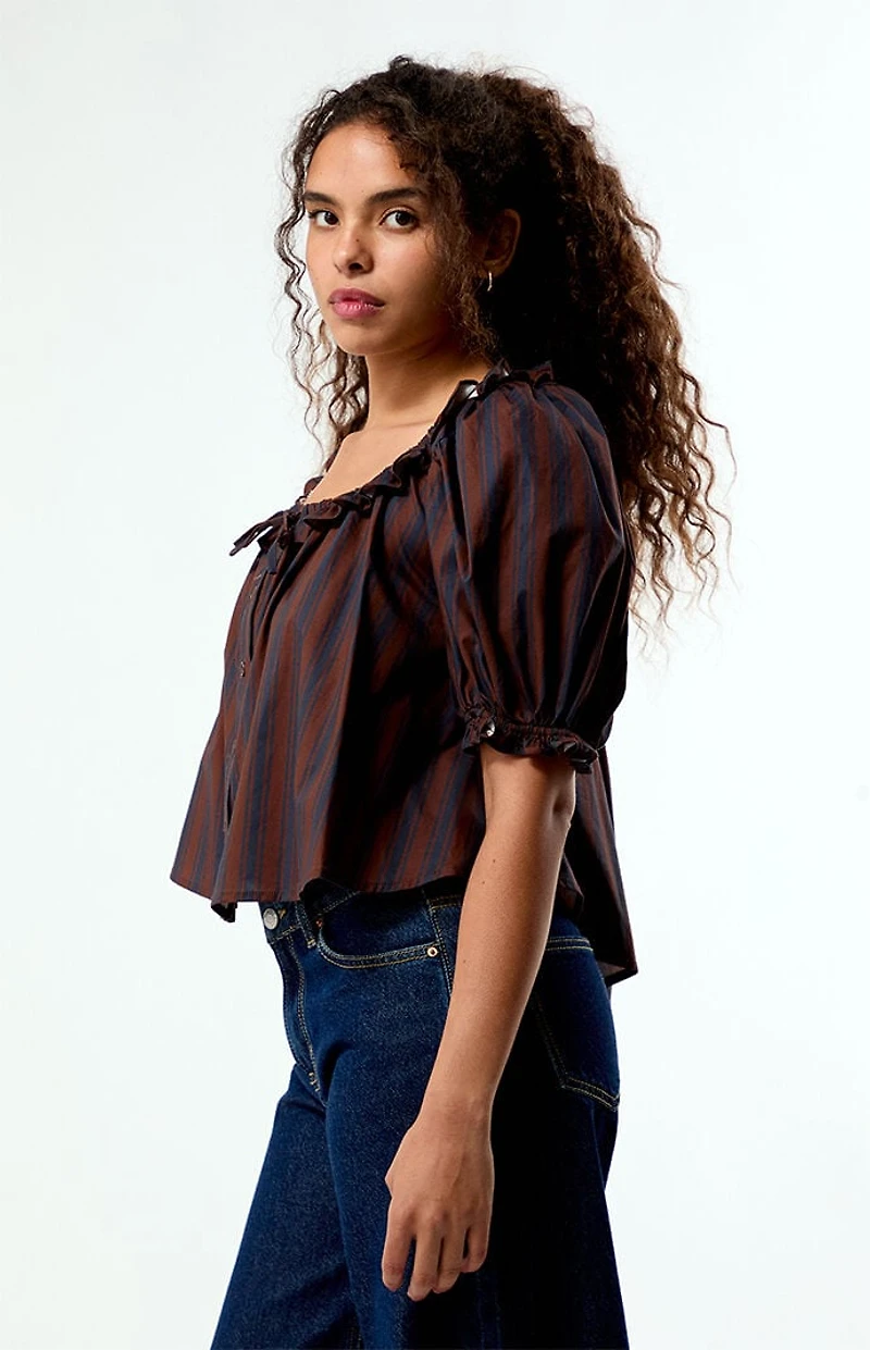 WEWOREWHAT Striped Puff Sleeve Button Up Top