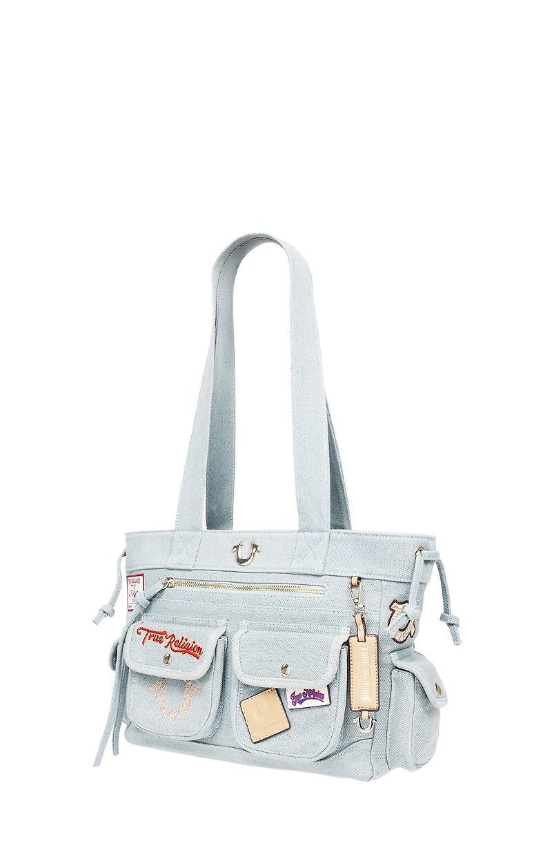 True Religion Blue Denim Multi Patch Tote Bag