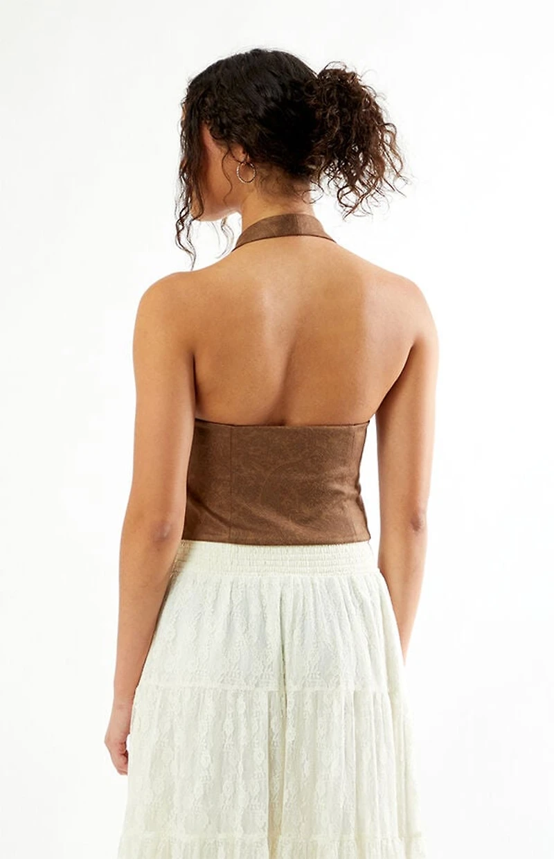 Your Favorite Paisley Faux Suede Hook-And-Eye Halter Top