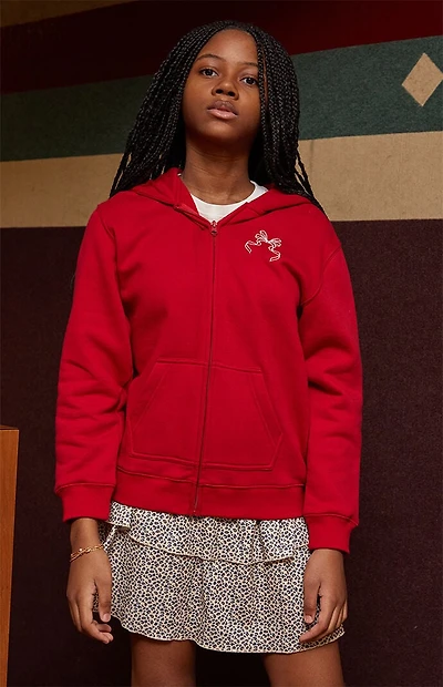 Pacsun Kids Red Embroidered Bow Full Zip Hoodie