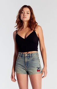 Pacsun Tinted Cherry Embroidered High Waisted Denim Festival Shorts