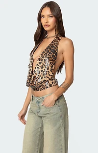 Edikted Sequin Leopard Printed Cowl Neck Top