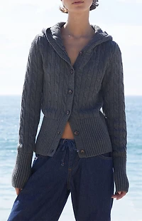 John Galt Olive Cable Knit Button Down Hooded Sweater