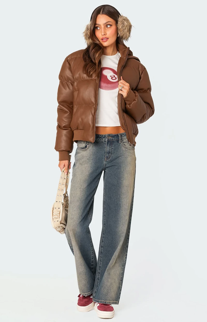 Edikted Wintry Faux Leather Hooded Puffer Jacket