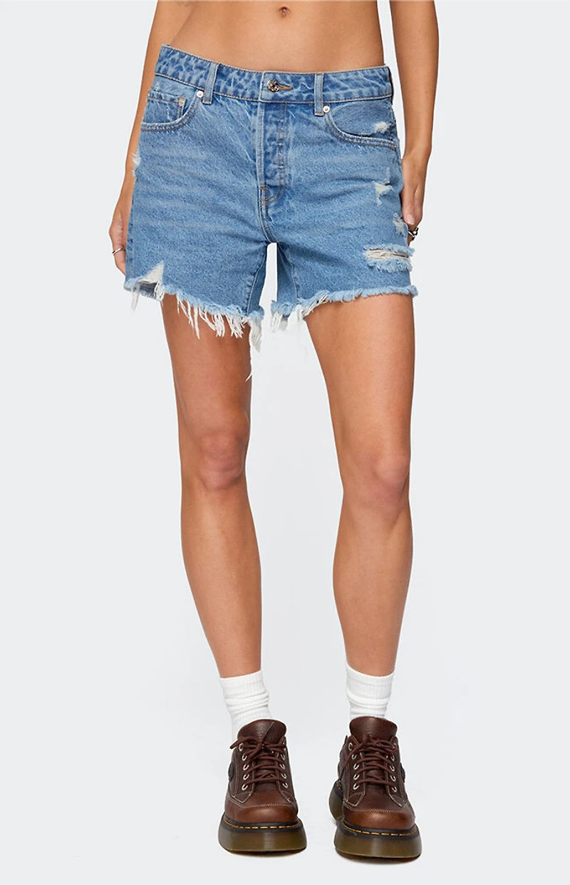 Edikted Cale Distressed Low Rise Denim Shorts