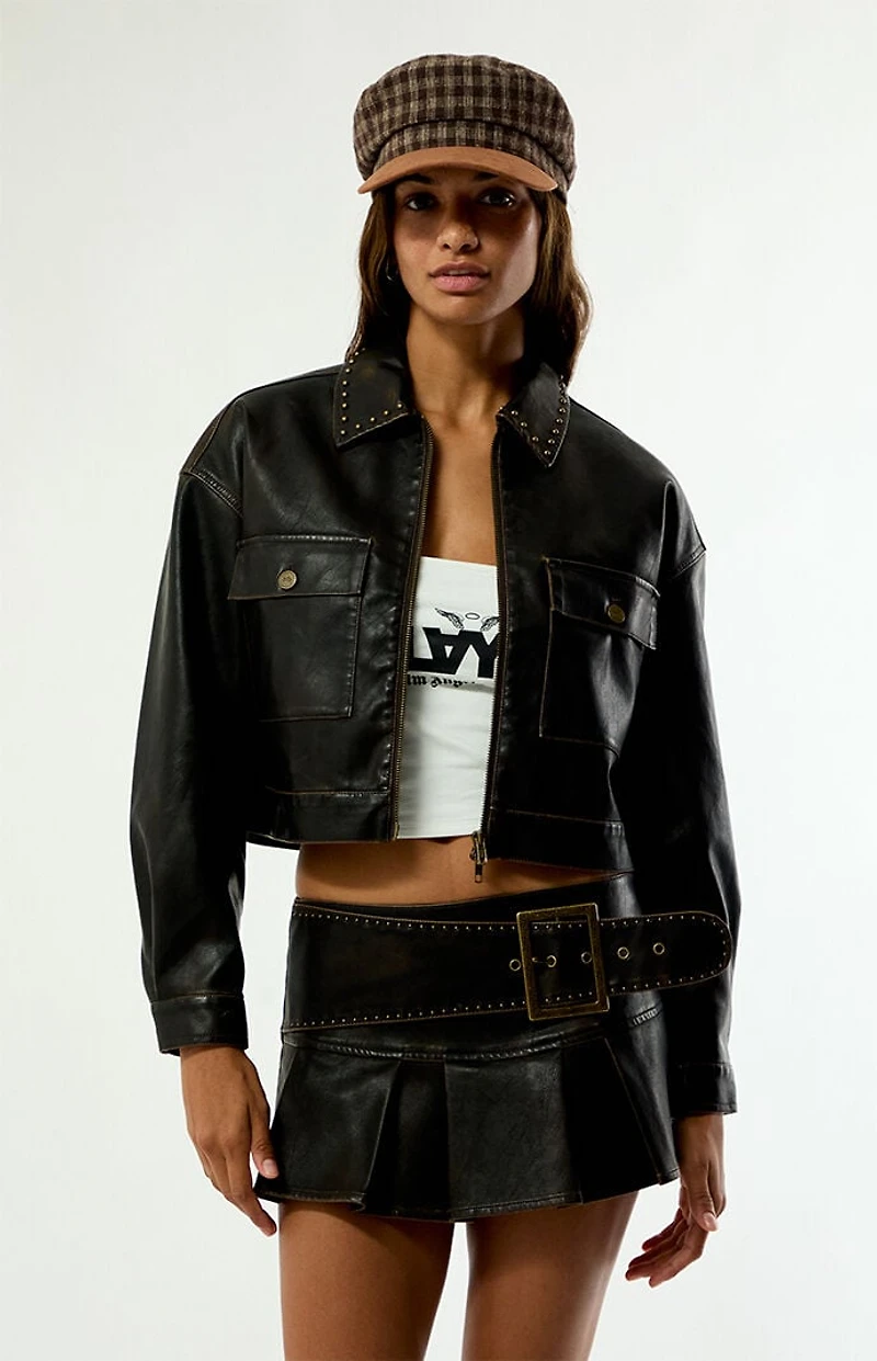 PLAY PALM ANGELS Faux Leather 2-Way Zip Cropped Jacket
