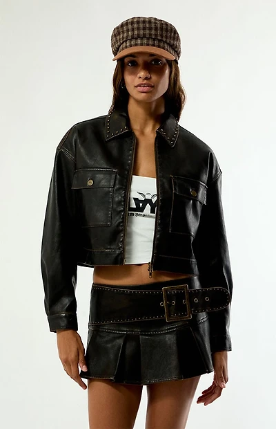 PLAY PALM ANGELS Faux Leather 2-Way Zip Cropped Jacket