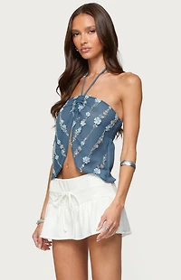 Edikted Beaded Floral Split Front Halter Top