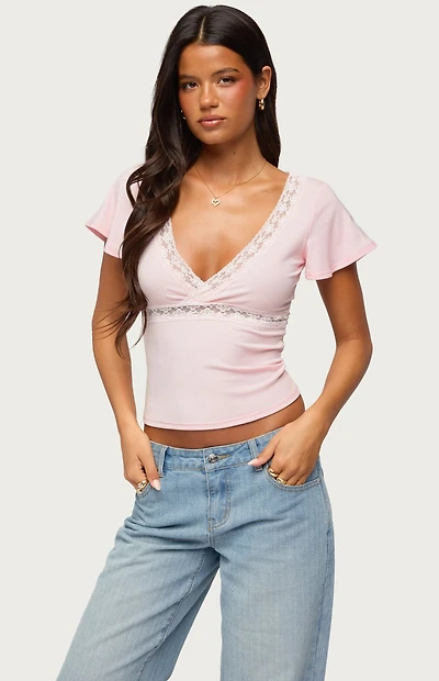 Edikted Yvetta Lacey Flutter Sleeve Top