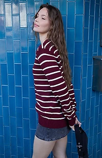 John Galt Burgundy Thin Stripe Crew Neck Sweater
