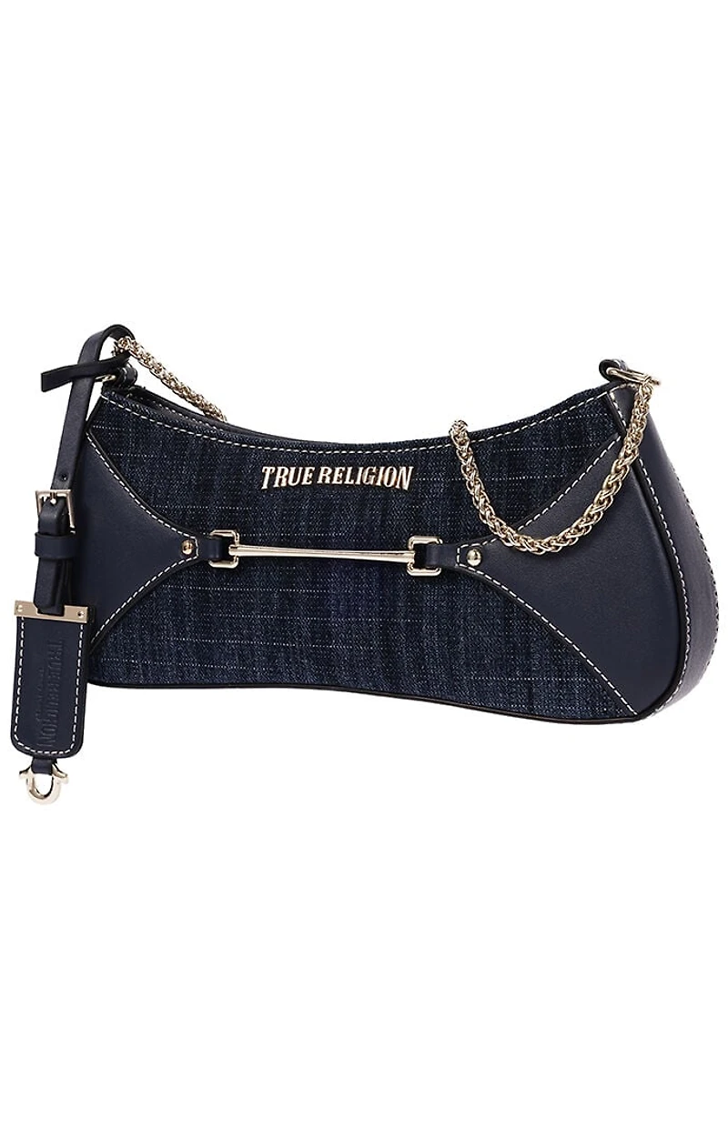 True Religion Top Zip Dark Denim Shoulder Bag
