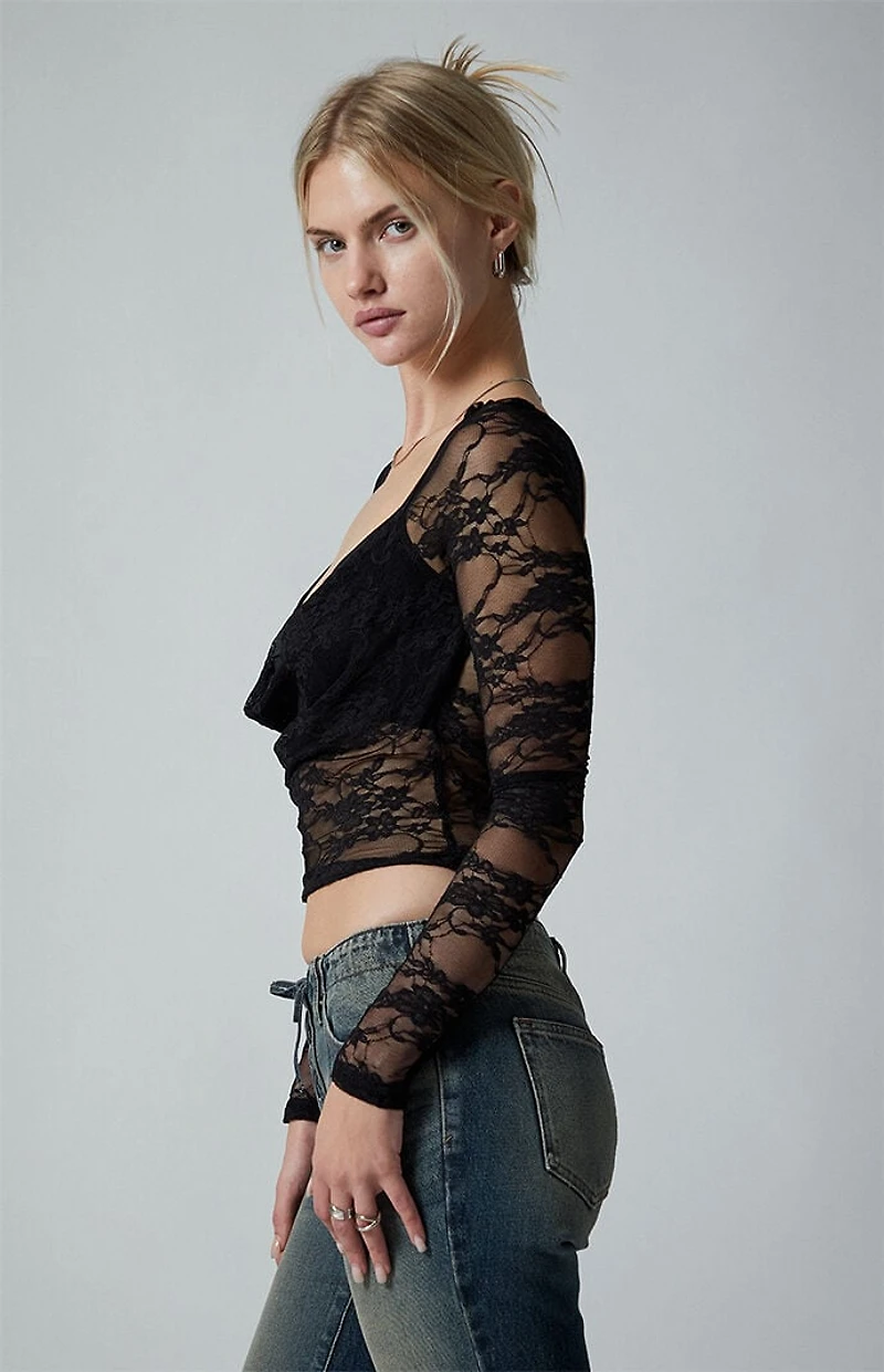 Third Charm Andrea Lace Bead Center Long Sleeve Top