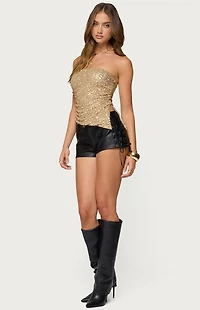 Edikted Sequin Asymmetric Slit Strapless Top