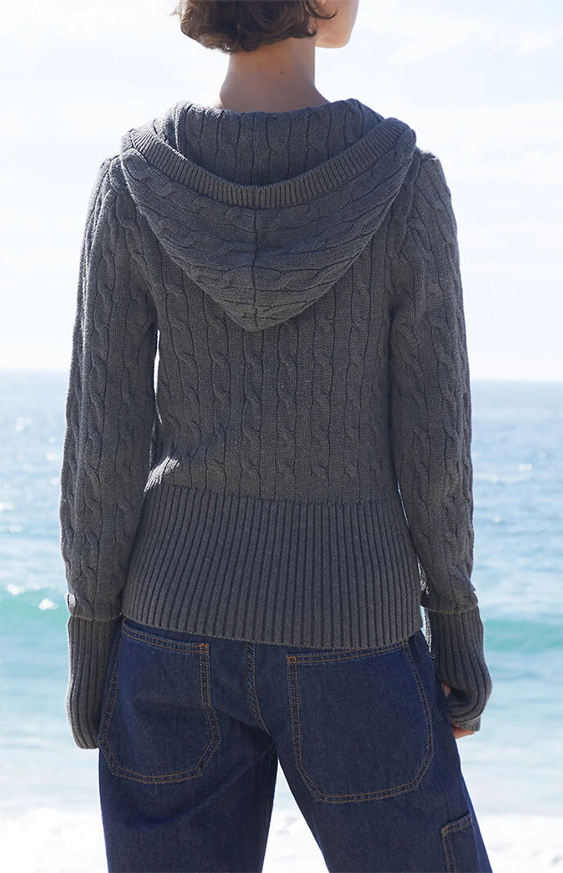 John Galt Olive Cable Knit Button Down Hooded Sweater