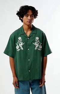 Pacsun Green Floral Embroidered Oversized Resort Camp Shirt