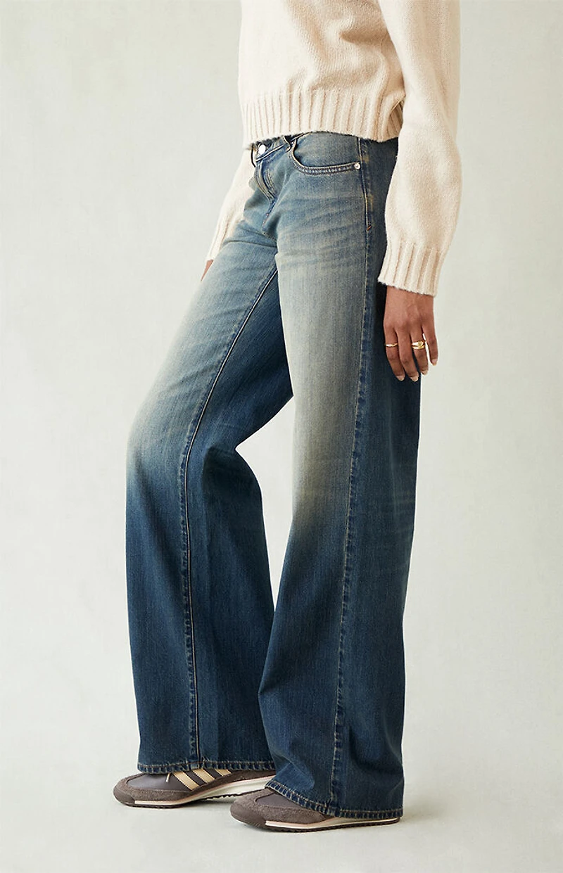 Pacsun Casey Low Rise Baggy Jeans Button Pocket Dark Blue Tinted