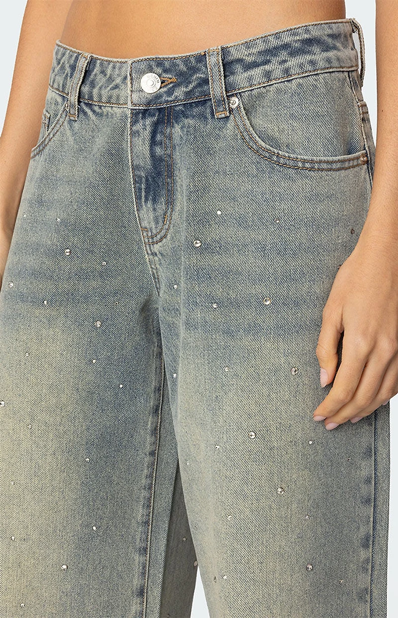 Edikted Rhinestone Low Rise Washed Jeans
