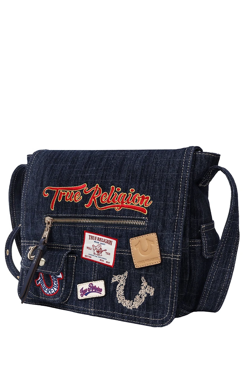 True Religion Dark Denim Multi Patch Messenger Bag