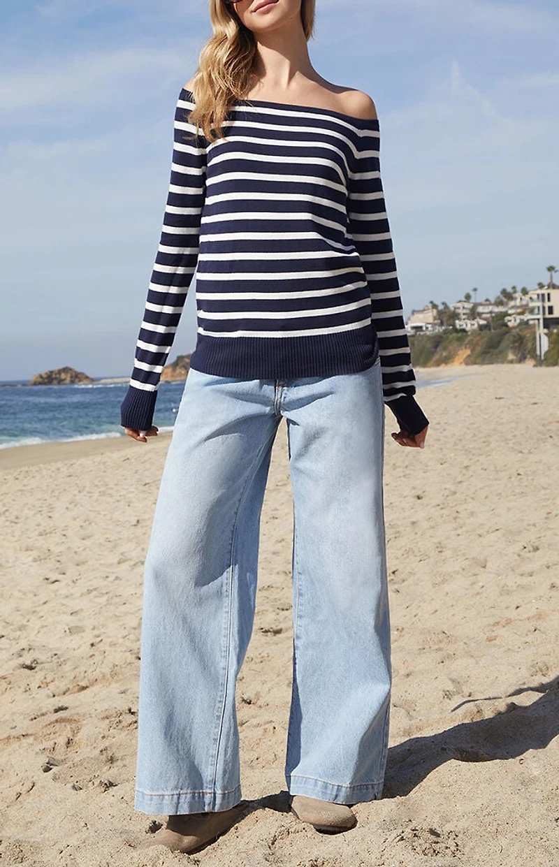 John Galt Navy & White Bonnie Off-The-Shoulder Sweater