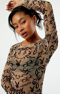 Playboy By PacSun Tattoo Print Mesh Long Sleeve Top