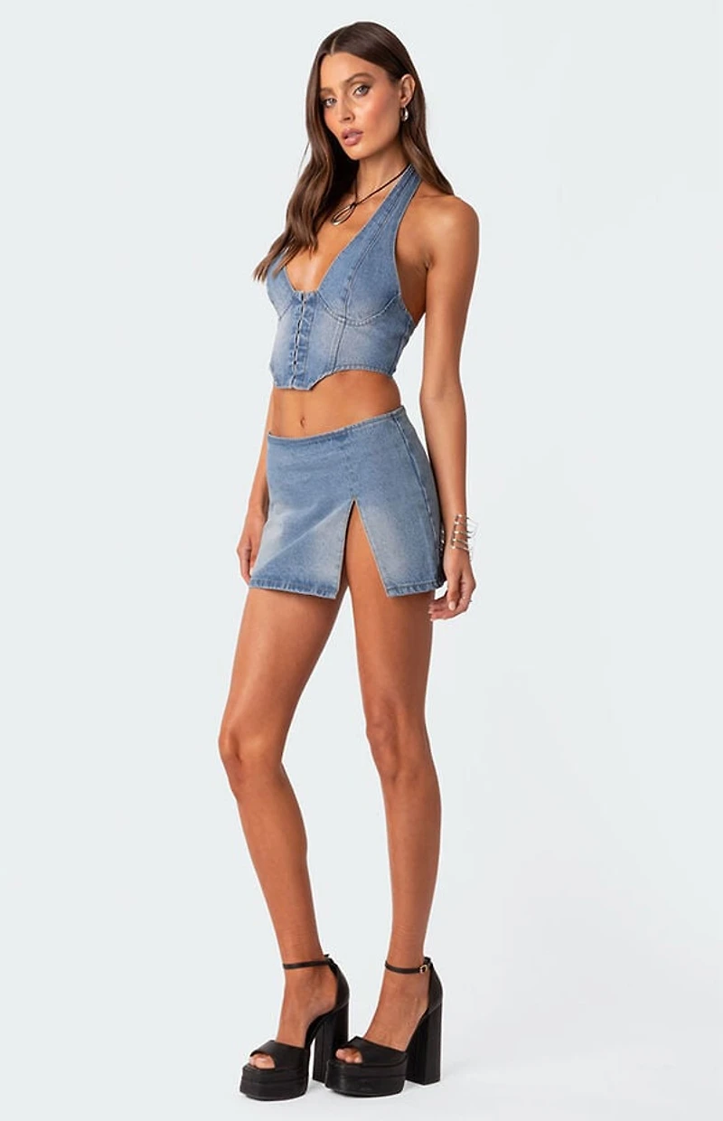 Edikted Katrina Slitted Denim Mini Skirt