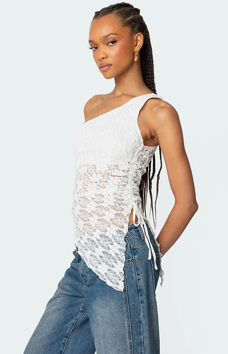 Edikted Lacey Sheer Asymmetric Drawstring Top