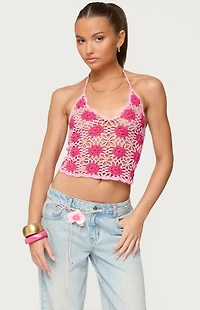 Edikted Contrast Floral Crochet Halter Top