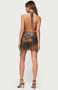 Edikted Printed Mesh Metallic Cowl Neck Mini Dress