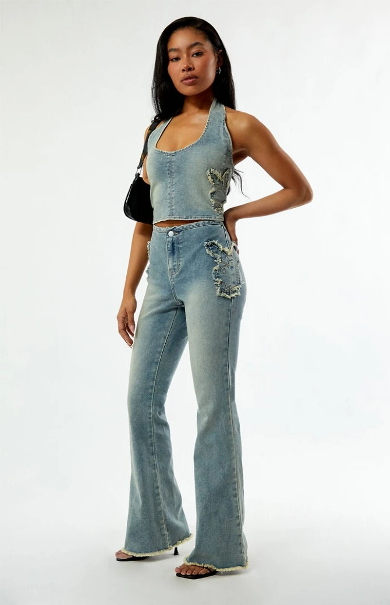 Playboy By PacSun Stretch Frayed High Waisted Flare Jeans