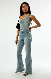 Playboy By PacSun Stretch Frayed High Waisted Flare Jeans