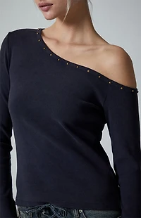 Third Charm Violet Studded Neck Long Sleeve Top