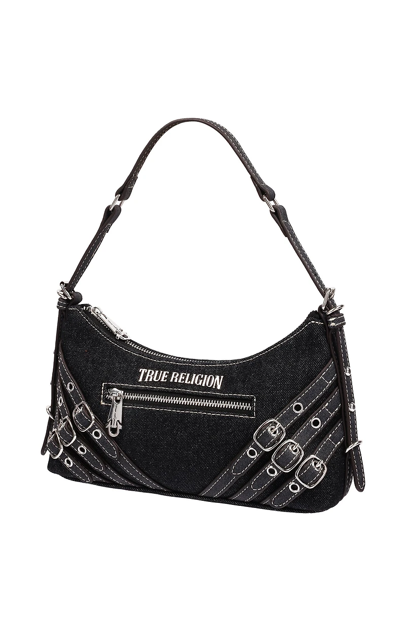 True Religion Triple Straps Black Denim Shoulder Bag