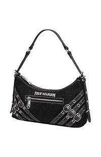 True Religion Triple Straps Black Denim Shoulder Bag