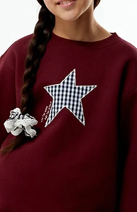 Pacsun Kids Maroon Plaid Star Embroidered Crew Neck Sweatshirt