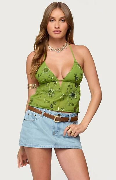 Edikted Kiki Sequin Floral Chiffon Halter Top