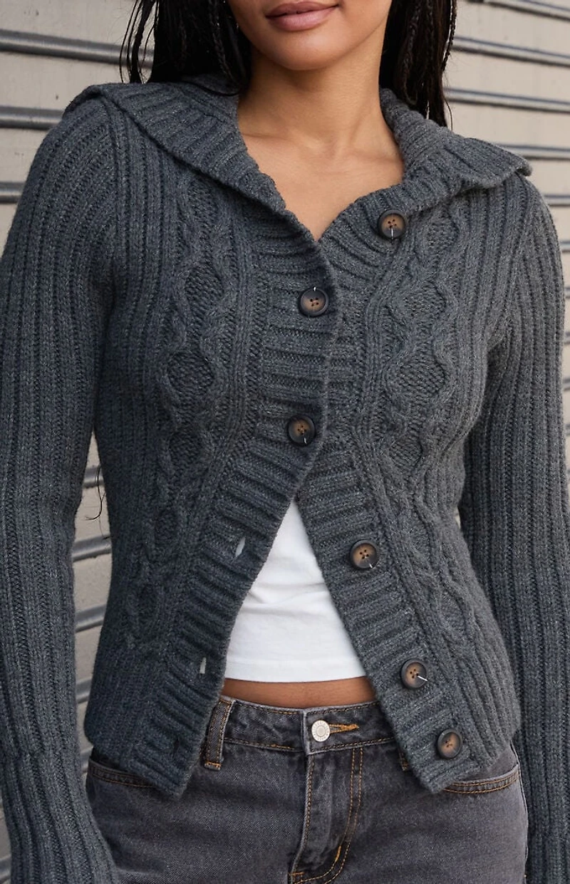 John Galt Gray Cable Knit Hooded Cardigan
