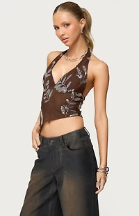 Edikted Sequin Asymmetric Mesh Halter Top