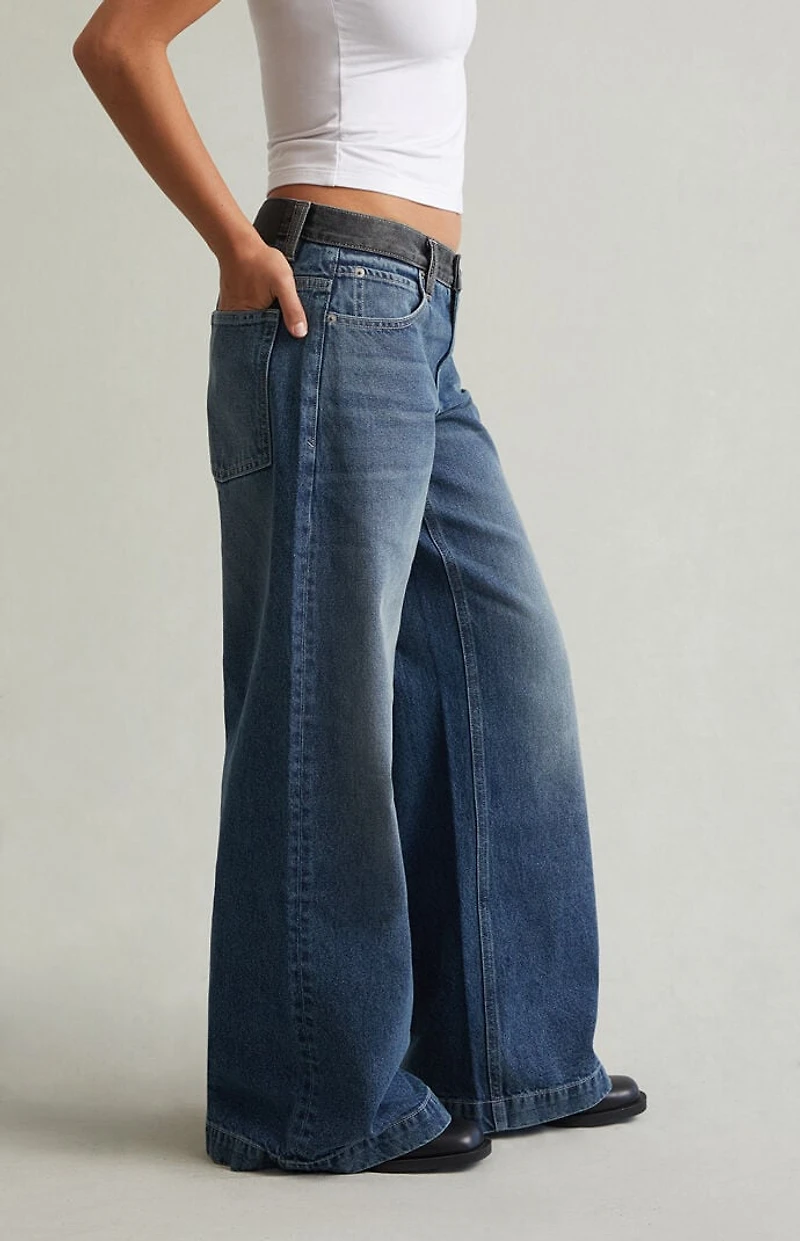 Pacsun Sloane Low Rise Ultra Baggy Jeans Contrast Waistband Medium Blue