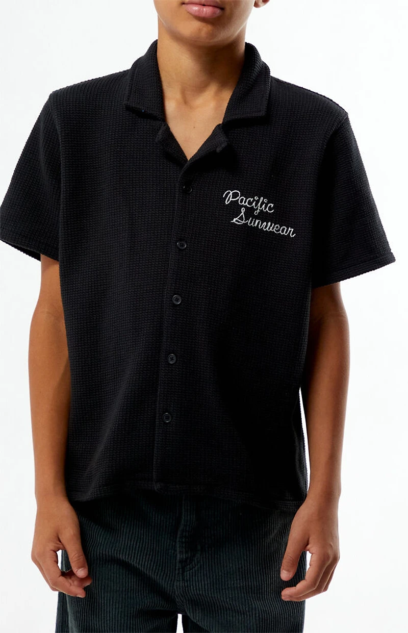 Pacsun Kids Black Waffle Knit Embroidered Camp Shirt